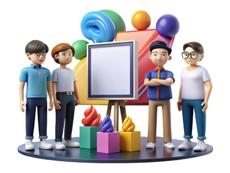 Four animated characters gather around a vibrant, abstract structure, symbolizing teamwork, innovation, and diversity. The image evokes a cheerful and energetic atmosphere, perfect for illustrating concepts of collaboration and creative problem-solving.の素材