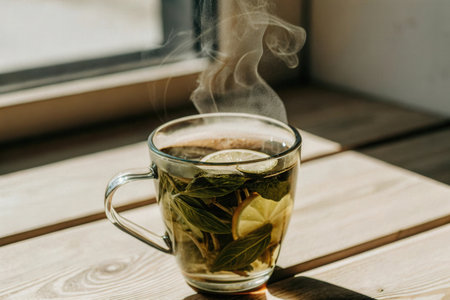Cup of hot tea with lemon and mint on the windowsillの素材
