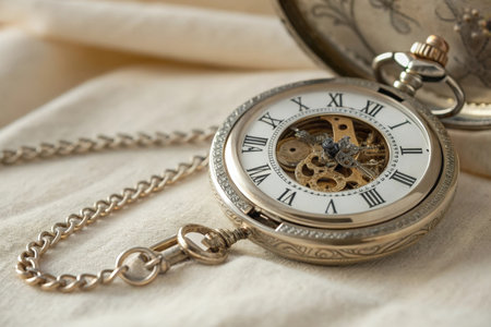 Vintage pocket watch on white fabric background. Selective focus.の素材