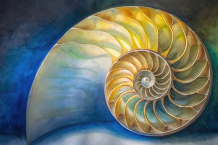 Sea shell on the blue sky background. Watercolor painting on canvas.の素材