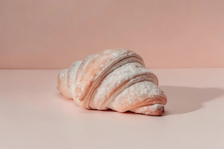 Croissant on a pastel pink background. Pastry.の素材
