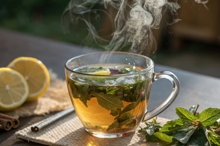 Mint tea with lemon and cinnamon on a wooden table in the gardenの素材