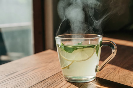 Mint tea with lemon and mint in glass cup on wooden tableの素材