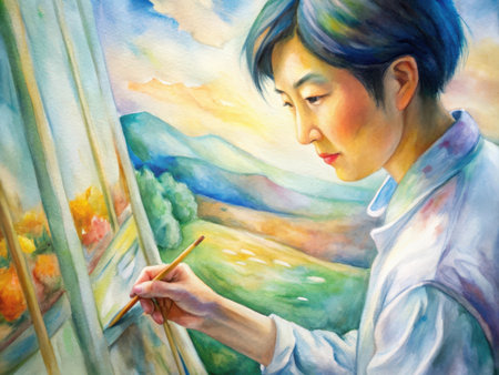 A focused individual immerses themselves in watercolor painting, surrounded by a stunning impressionistic landscape, capturing a moment of creative tranquility and artistic expression.の素材