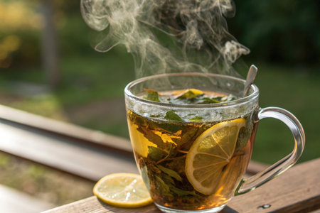 Cup of hot tea with mint and lemon on the terraceの素材