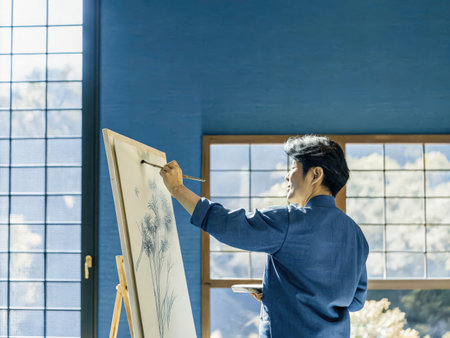 A dedicated artist intently concentrates on painting a vibrant blue and white canvas, capturing a moment of creative flow and artistic expression within a well-lit studio setting.の素材