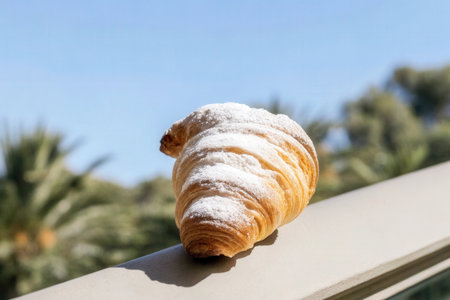 Croissant on the balcony with palm trees in the background.の素材