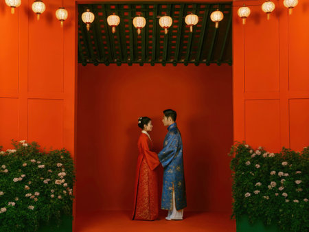 Two individuals stand together, dressed in rich East Asian robes against a warm orange backdrop illuminated by hanging lanterns. The scene evokes cultural significance and intimacy.の素材