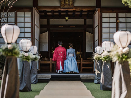 Two individuals stand before a classic Japanese building, distinguished by its wooden structure and white lattice doors. White paper lanterns illuminate the scene, creating a peaceful and contemplative atmosphere, perfect for cultural or event imagery.の素材