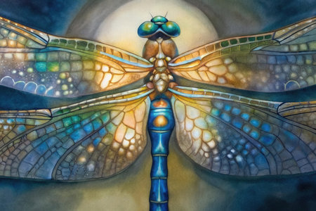 Digital painting of dragonfly in blue and yellow colors on colorful backgroundの素材