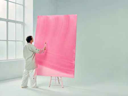 A person intently paints on a large pink canvas, bathed in natural light within a clean, minimalist room. The scene evokes focus, creativity, and artistic exploration.の素材