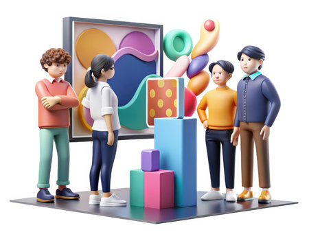 Four animated characters stand in a circle, deeply engrossed in a vibrant, abstract artwork depicting a stylized brain with swirling colors and geometric shapes. The image evokes creativity and collaboration.の素材