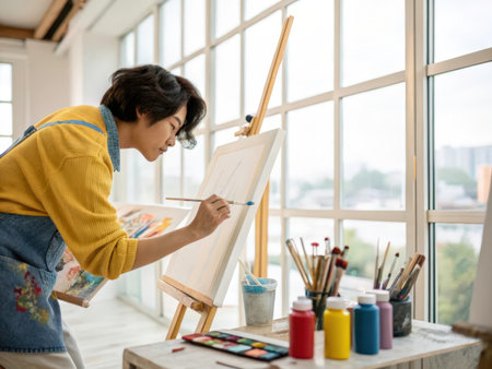 A focused artist stands at an easel, immersed in painting a canvas bathed in natural light, overlooking a cityscape. The scene evokes creativity and concentration within a relaxed, artistic environment.の素材