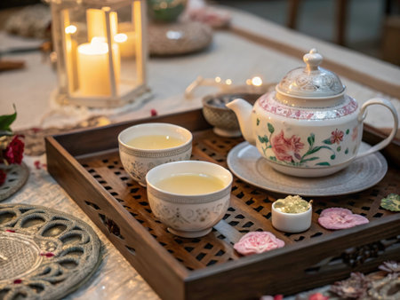 A beautifully arranged tea ceremony table setting with a floral teapot, candles, and delicate tableware creates a peaceful and inviting atmosphere. Perfect for promoting relaxation and traditional customs.の素材