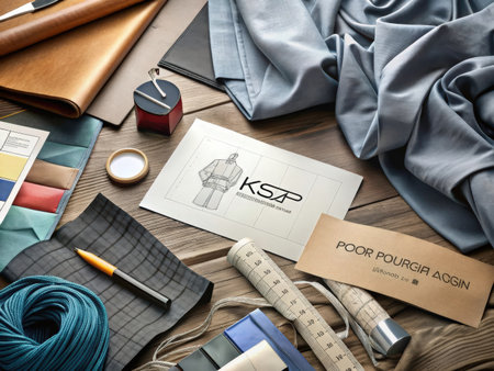 A meticulously organized workspace showcasing design materials, including fabric swatches, a prominentの素材