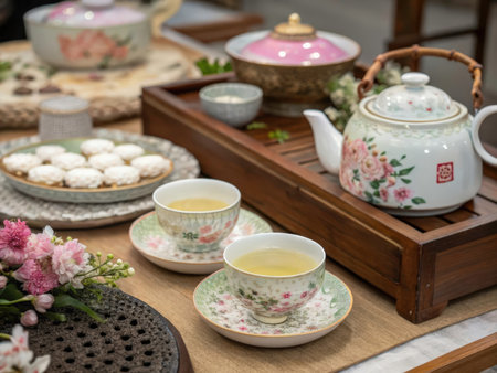 A beautifully arranged table showcases a classic Chinese tea ceremony with delicate porcelain teacups, a golden teapot, and traditional pastries, creating a serene and inviting aesthetic.の素材