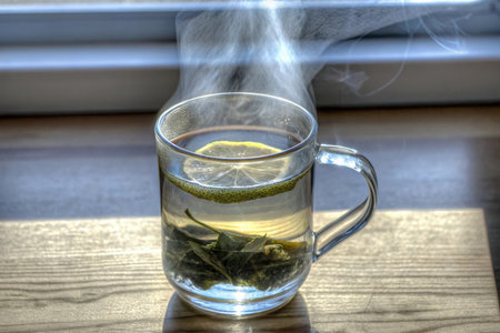 Cup of green tea with lemon and smoke on the windowsillの素材