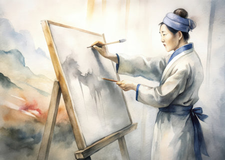 A serene artist, dressed in traditional East Asian attire, diligently applies watercolor paint to a large canvas outdoors, capturing a moment of focused artistic creation amidst a blurred natural landscape.の素材