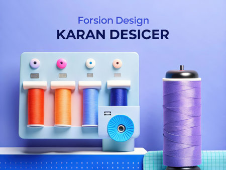 A vibrant and playful image showcases a light blue sewing machine surrounded by colorful bobbin threadsの素材