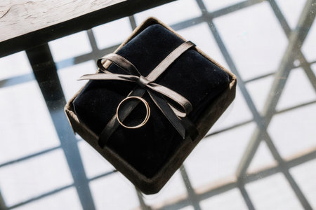 Wedding rings in a gift box on the background of the windowの素材