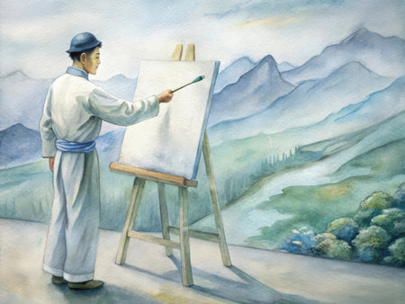 A skilled artist, adorned in traditional East Asian attire, meticulously works on a large canvas amidst a breathtaking, misty landscape. The scene evokes tranquility and artistic expression.の素材