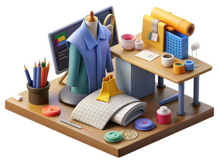 A dynamic 3D rendering showcases a modern office workspace filled with colorful objects and suggesting a focus on productivity and creative tasks.の素材