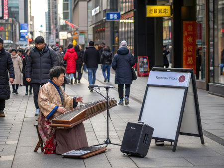 A talented musician performs a traditional Chinese instrument on a bustling city street, blending ancient artistry with modern urban life. The image showcases cultural heritage and everyday life within a dynamic setting.の素材