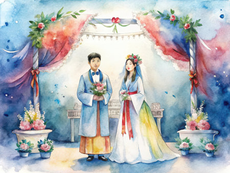 An elegant illustration depicts a traditional East Asian wedding ceremony, capturing a serene and joyous atmosphere with rich colors and symbolic floral arrangements.の素材
