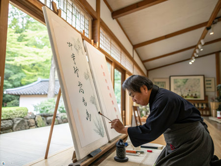 A focused artist meticulously practices traditional Chinese calligraphy within a beautiful, light-filled studio, emphasizing dedication and skill in this ancient art form.の素材