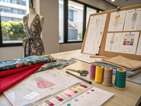 A vibrant and organized workspace dedicated to fashion design, showcasing fabrics, tools, and sketches for garment creation in a bright, natural setting.の素材