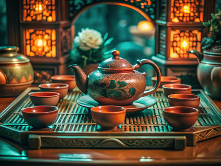 A beautifully arranged tea set with an ornate teapot and matching cups creates a warm and inviting atmosphere, perfect for showcasing luxury or promoting relaxation.の素材