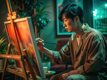 A focused painter meticulously applies vibrant colors to an abstract canvas in a warmly lit, artistic setting. The image evokes a sense of creative concentration and the beauty of artistic expression.の素材
