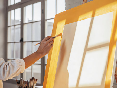 A focused artist diligently paints a large yellow canvas in a bright, natural light studio. Visible brushstrokes and a partially covered canvas highlight the creative process and artistic concentration.の素材