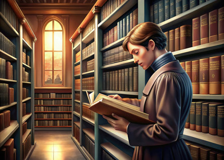 Young man reading a book in a library. 3D rendering.の素材