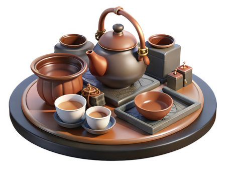An exquisite arrangement of Chinese tea ceremony items creates a serene and inviting atmosphere, showing the beauty and ritual of this ancient practice.の素材