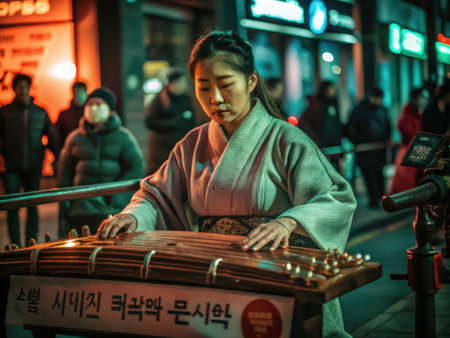 A focused individual plays a Korean pansori instrument, a stringed instrument, wearing a beautiful white hanbok. The shallow depth of field creates a bokeh effect, emphasizing the musician and the traditional Korean attire.の素材