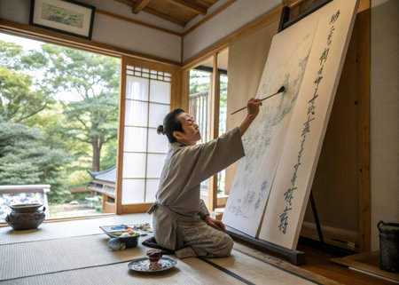 A serene individual practices traditional Japanese calligraphy within a minimalist, tranquil room, highlighting the cultural significance of this ancient art form.の素材