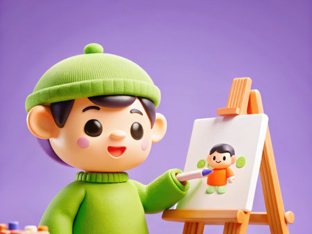 Two charming cartoon children are engrossed in a creative art activity. One boy is actively drawing on a canvas with a paintbrush, while the other observes with a gentle smile, creating a heartwarming scene of imagination and learning.の素材
