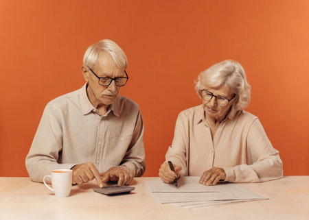Elderly man and woman sitting at the table and calculating their financesの素材