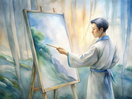A focused individual in traditional East Asian clothing meticulously paints a vibrant watercolor landscape, showcasing a serene and contemplative artistic process within a tranquil natural setting.の素材