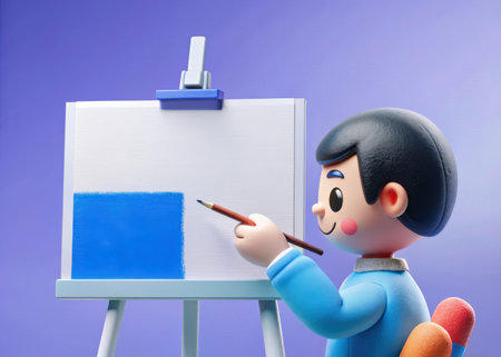 A charming cartoon character diligently paints a blue square with a smaller rectangle, showcasing artistic expression and imagination. This playful image evokes creativity and is suitable for educational or promotional purposes.の素材