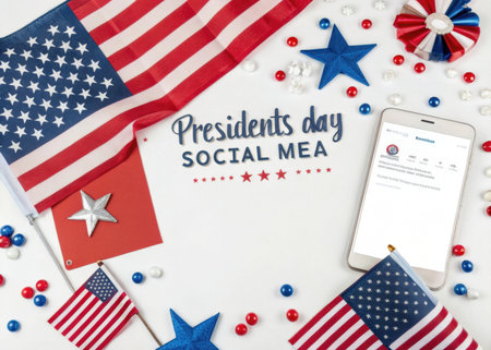 Patriotic Social Media App on Smartphone with American Flag Backgroundの素材