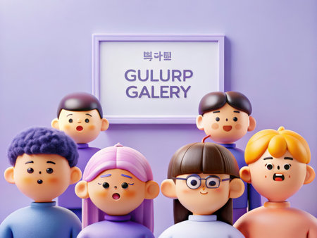 Five friendly cartoon characters stand in a purple gallery, looking towards an unseen point. The image evokes a cheerful and inviting atmosphere, perfect for promoting creative spaces and events.の素材