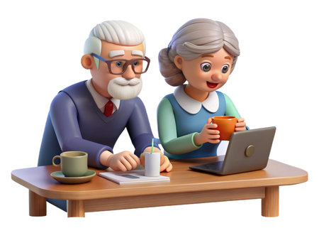3D illustration of old people with a laptop and a cup of coffeeの素材