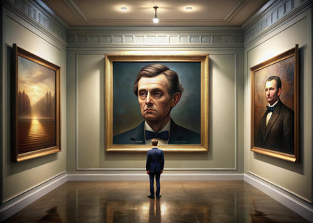 Man in suit looking at the paintings in the gallery. 3D renderingの素材