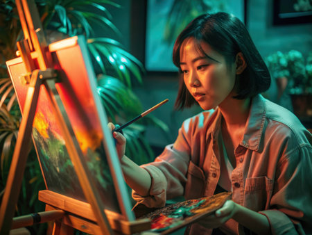 A solitary artist intently focuses on painting, surrounded by lush greenery, capturing a moment of peaceful artistic creation and concentration.の素材