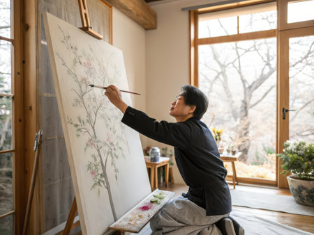 A dedicated artist meticulously applies paint to a large canvas, showing a beautiful floral design in subdued pink, green, and white tones. The scene evokes tranquility and concentration within a rustic, nature-inspired setting.の素材