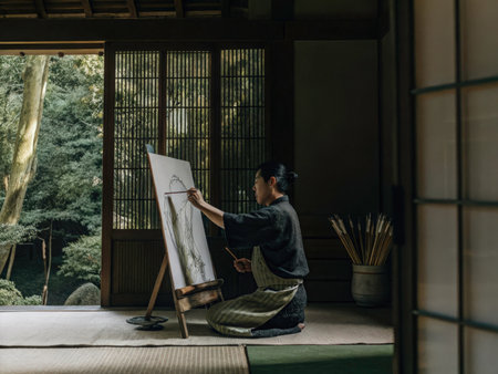 A solitary artist meticulously creates a drawing or painting within a beautifully appointed traditional Japanese room. The scene evokes a sense of peace, creativity, and cultural heritage.の素材