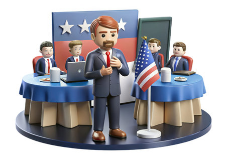3d rendering of a businessman in a political meeting with the United States of America flagの素材