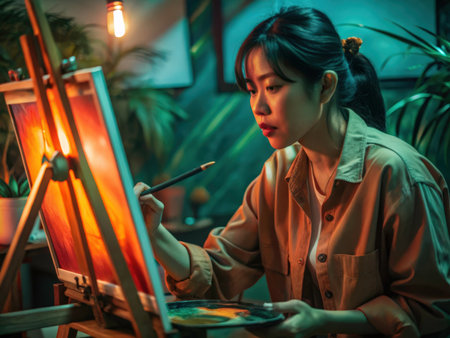 A solitary artist intently focuses on their painting in a dimly lit studio, surrounded by green plants and warm lighting. The image captures a serene and contemplative mood, perfect for illustrating artistic pursuits.の素材